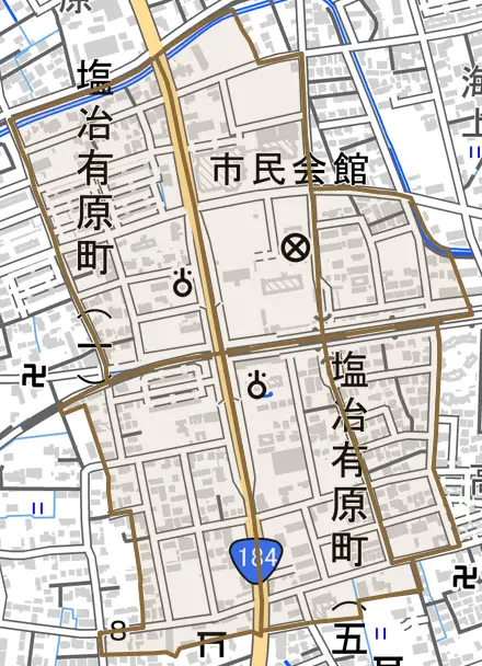 塩冶有原町とその周辺の地図。町の範囲を重ねている