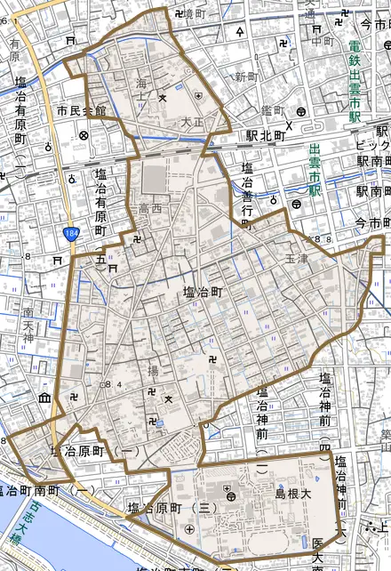 塩冶町とその周辺の地図。町の範囲を重ねている