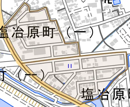 塩冶原町とその周辺の地図。町の範囲を重ねている