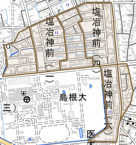 塩冶神前とその周辺の地図。町の範囲を重ねている