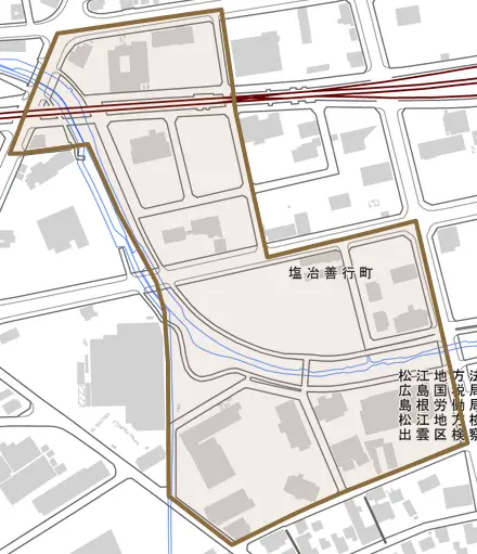 塩冶善行町とその周辺の地図。町の範囲を重ねている
