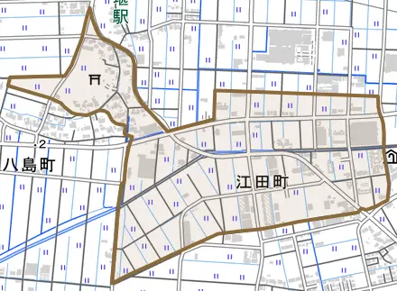 江田町とその周辺の地図。町の範囲を重ねている