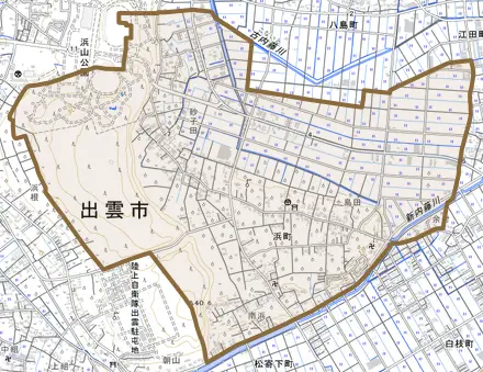 浜町とその周辺の地図。町の範囲を重ねている