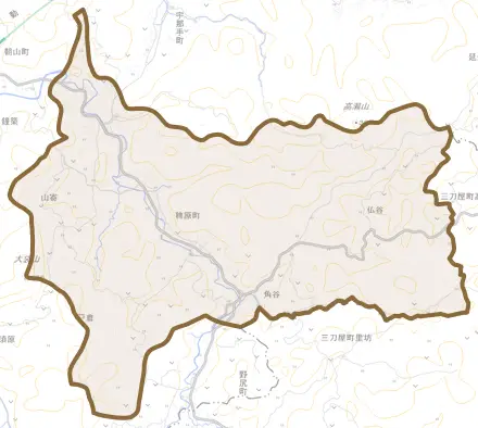 稗原町とその周辺の地図。町の範囲を重ねている