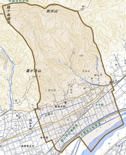東林木町とその周辺の地図。町の範囲を重ねている
