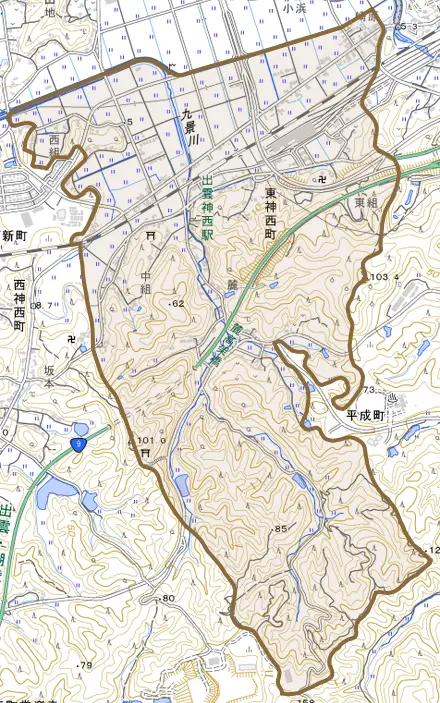 東神西町とその周辺の地図。町の範囲を重ねている