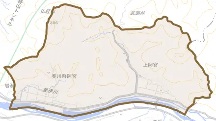 斐川町阿宮とその周辺の地図。町の範囲を重ねている