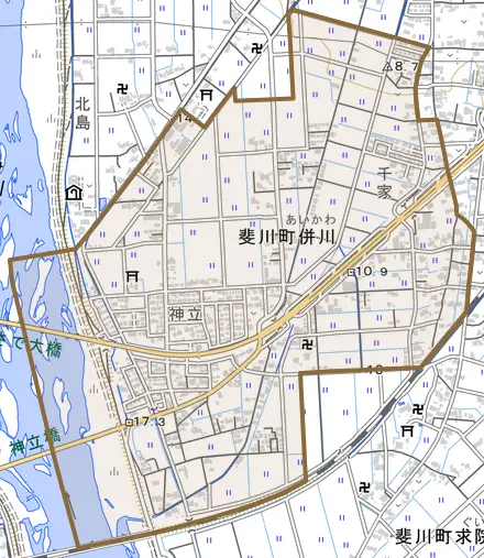 斐川町併川とその周辺の地図。町の範囲を重ねている
