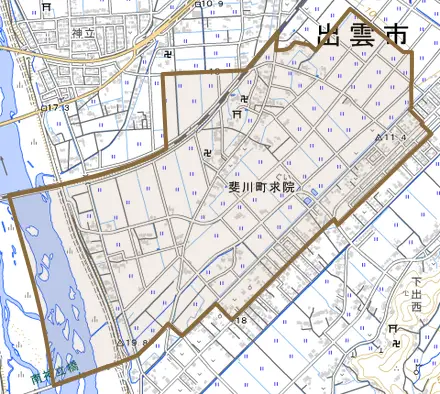 斐川町求院とその周辺の地図。町の範囲を重ねている