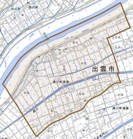 斐川町原鹿とその周辺の地図。町の範囲を重ねている