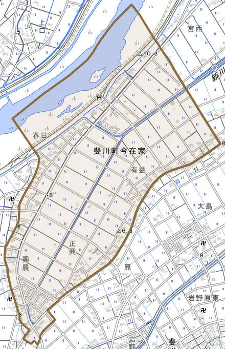 斐川町今在家とその周辺の地図。町の範囲を重ねている
