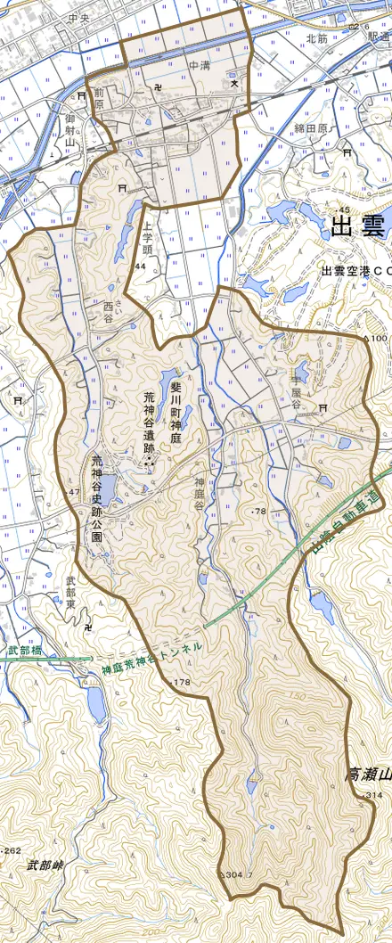 斐川町神庭とその周辺の地図。町の範囲を重ねている