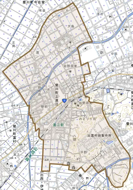 斐川町上直江とその周辺の地図。町の範囲を重ねている