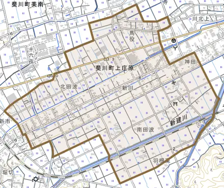 斐川町上庄原とその周辺の地図。町の範囲を重ねている