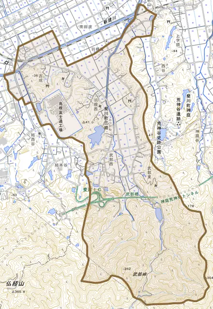 斐川町三絡とその周辺の地図。町の範囲を重ねている