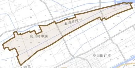 斐川町中洲とその周辺の地図。町の範囲を重ねている