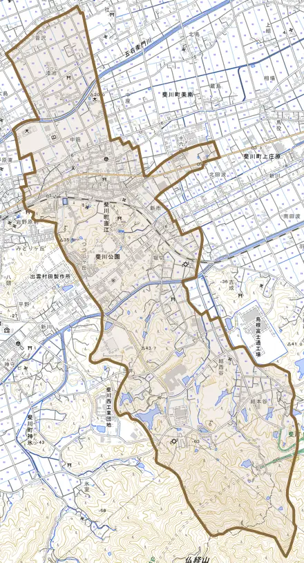 斐川町直江とその周辺の地図。町の範囲を重ねている