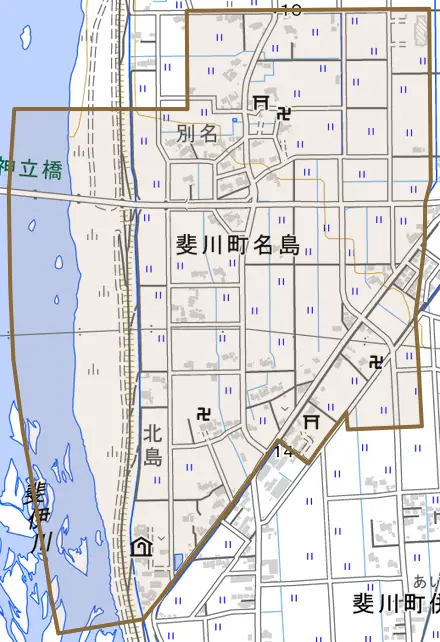 斐川町名島とその周辺の地図。町の範囲を重ねている