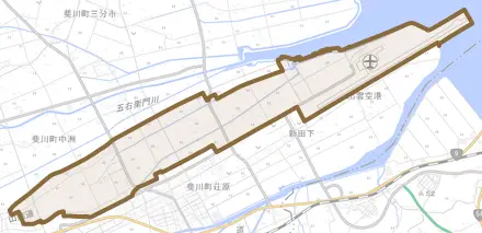 斐川町沖洲とその周辺の地図。町の範囲を重ねている