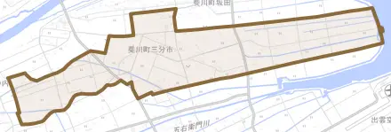 斐川町三分市とその周辺の地図。町の範囲を重ねている