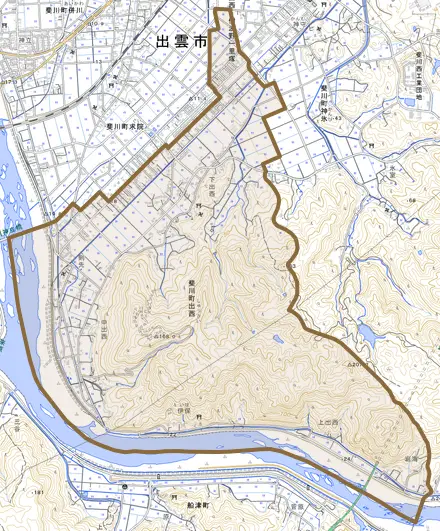 斐川町出西とその周辺の地図。町の範囲を重ねている