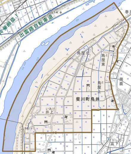 斐川町鳥井とその周辺の地図。町の範囲を重ねている