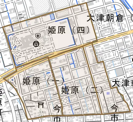 姫原とその周辺の地図。町の範囲を重ねている