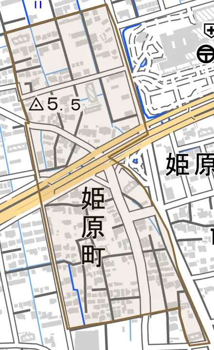姫原町とその周辺の地図。町の範囲を重ねている