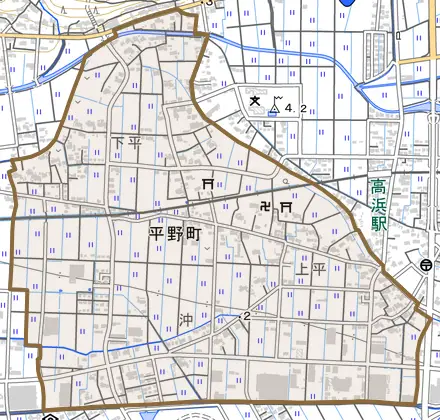 平野町とその周辺の地図。町の範囲を重ねている