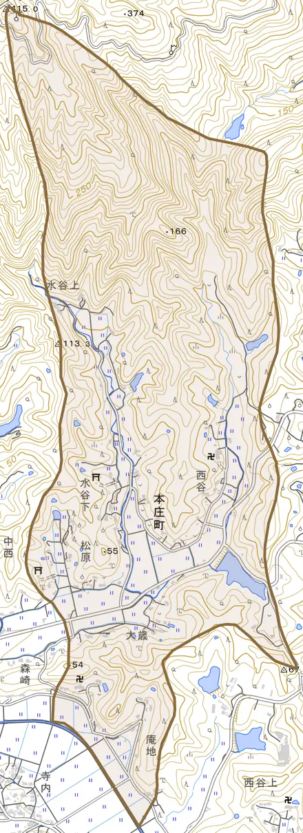 本庄町とその周辺の地図。町の範囲を重ねている