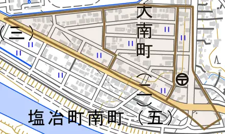 医大南町とその周辺の地図。町の範囲を重ねている