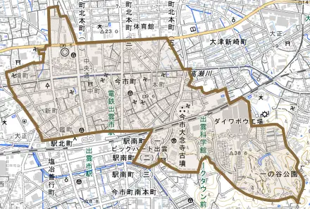 今市町とその周辺の地図。町の範囲を重ねている