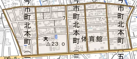 今市町北本町とその周辺の地図。町の範囲を重ねている