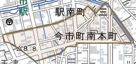 今市町南本町とその周辺の地図。町の範囲を重ねている