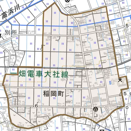 稲岡町とその周辺の地図。町の範囲を重ねている