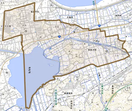神西沖町とその周辺の地図。町の範囲を重ねている