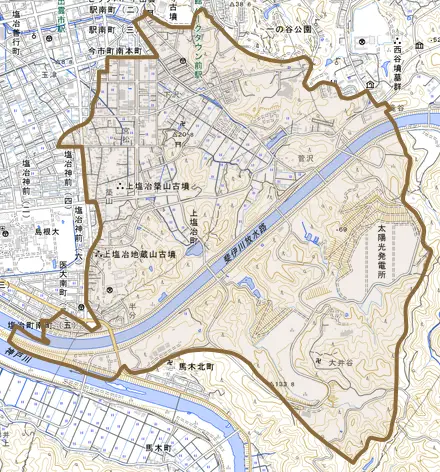上塩冶町とその周辺の地図。町の範囲を重ねている