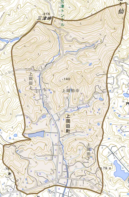 上岡田町とその周辺の地図。町の範囲を重ねている