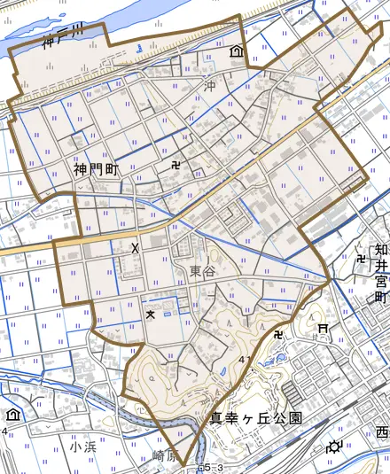 神門町とその周辺の地図。町の範囲を重ねている