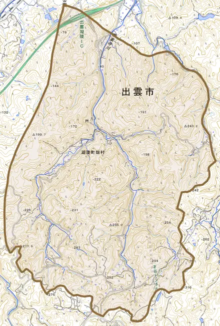 湖陵町畑村とその周辺の地図。町の範囲を重ねている