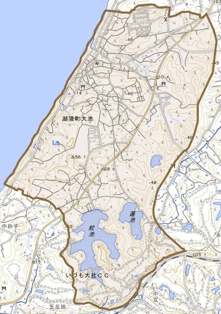 湖陵町大池とその周辺の地図。町の範囲を重ねている