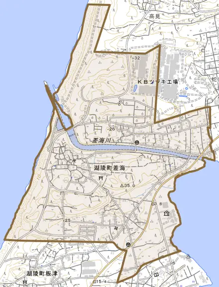 湖陵町差海とその周辺の地図。町の範囲を重ねている
