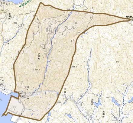 小津町とその周辺の地図。町の範囲を重ねている