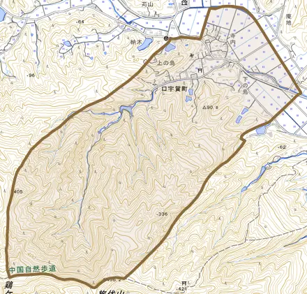 口宇賀町とその周辺の地図。町の範囲を重ねている