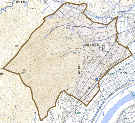 国富町とその周辺の地図。町の範囲を重ねている