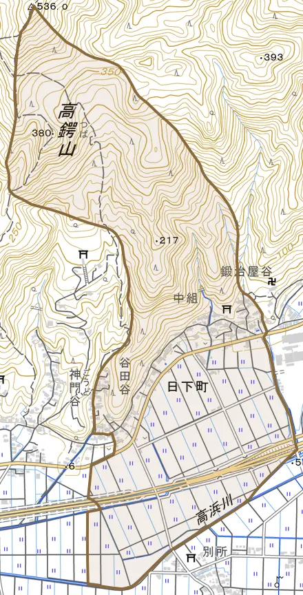 日下町とその周辺の地図。町の範囲を重ねている