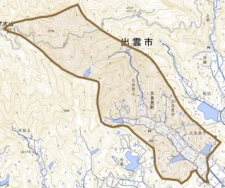 久多見町とその周辺の地図。町の範囲を重ねている