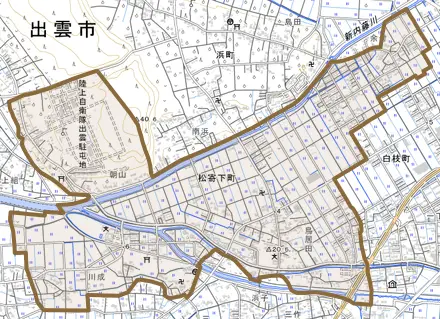 松寄下町とその周辺の地図。町の範囲を重ねている