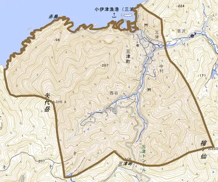 三津町とその周辺の地図。町の範囲を重ねている
