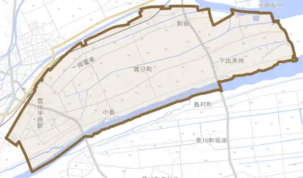 灘分町とその周辺の地図。町の範囲を重ねている